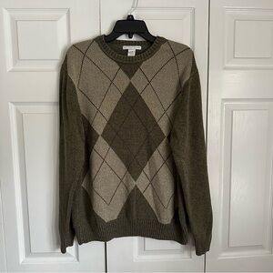 Geoffrey Beene Sweater Mens L Green Brown Argyle Crewneck Cotton Pullover Preppy